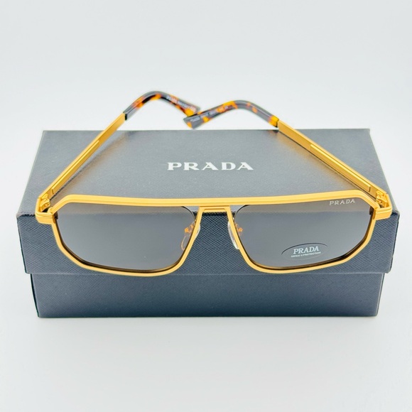 Prada Sunglasses PRA53S Iconic metal plaque Opaque Gold Frame brown lenses - Picture 12 of 15